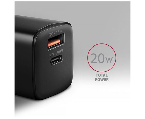 Зарядное устройство AXAGON 1xUSB QC3.0 + 1xUSB-C PD20W black (ACU-PQ20), изображение 3