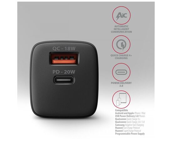 Зарядное устройство AXAGON 1xUSB QC3.0 + 1xUSB-C PD20W black (ACU-PQ20), изображение 5