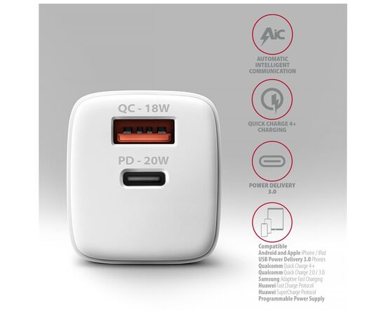 Зарядное устройство AXAGON 1xUSB QC3.0 + 1xUSB-C PD20W white (ACU-PQ20W), изображение 5