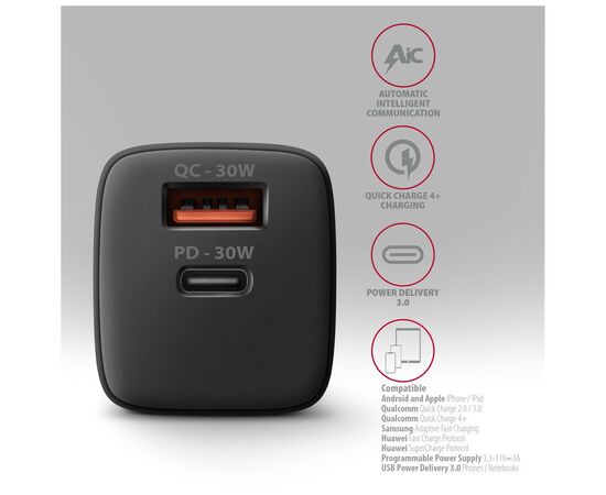Зарядний пристрій AXAGON 1xUSB QC4.0 + 1xUSB-C PD30W PPS black (ACU-PQ30), зображення 5