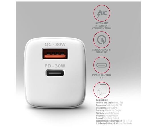 Зарядний пристрій AXAGON 1xUSB QC4.0 + 1xUSB-C PD30W PPS white (ACU-PQ30W), зображення 5