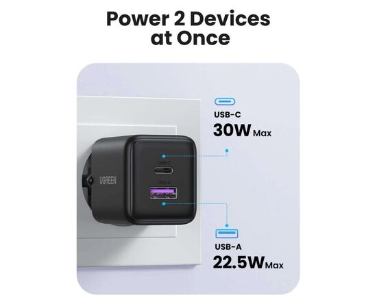 Зарядний пристрій UGREEN USB + USB-C GaN 30W X516 black (65014), зображення 2