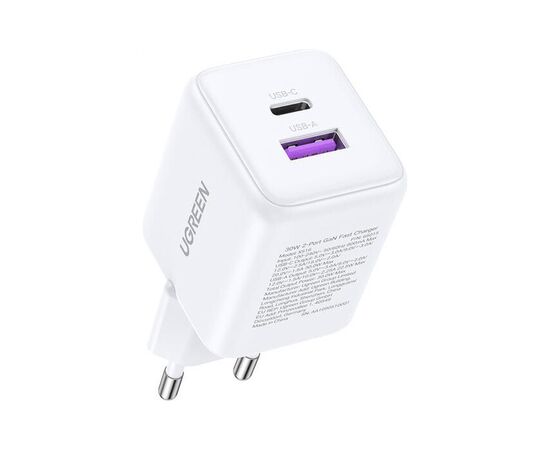 Зарядний пристрій UGREEN USB + USB-C GaN 30W X516 white (65015), зображення 2
