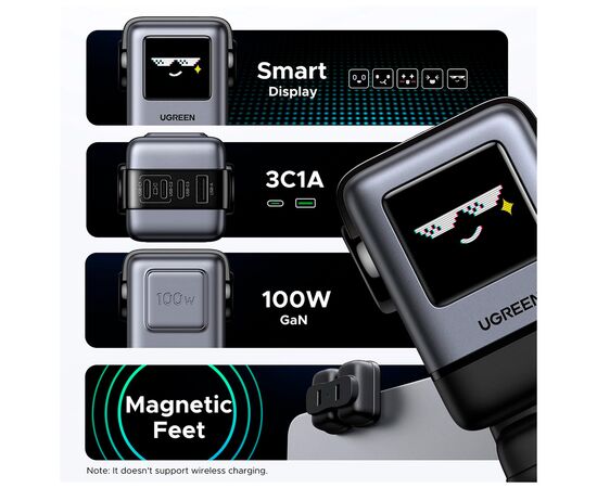 Зарядний пристрій UGREEN 1xUSB + 3xUSB-C GaN 100W Robot X688 gray (45515B), зображення 6