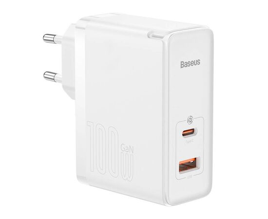 Зарядное устройство Baseus 1xUSB-C + 1xUSB GaN 100W + cable USB-C to USB-C white (CCGP090202)