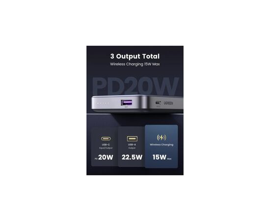Батарея універсальна Ugreen 10000 mAh 20W PD/3.0, QC/3.0, Magnetic Wireless, USB-A, USB-C In/Out (PB206) (15086), зображення 6