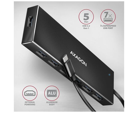 Концентратор AXAGON USB-C to 7xUSB 3.0 black (HUE-F7C), изображение 2