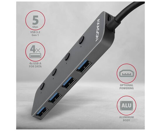 Концентратор AXAGON USB 3.1 to 4xUSB 3.0 0.2m switch black (HUE-MSA), изображение 2