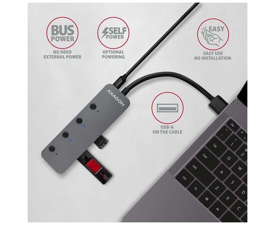 Концентратор AXAGON USB 3.1 to 4xUSB 3.0 0.2m switch black (HUE-MSA), изображение 4