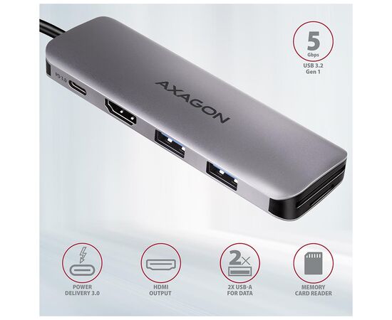 Концентратор AXAGON USB-C to 2xUSBA + HDMI + SD/microSD + USB-C PD 100W 0.2m grey (HMC-5), изображение 2