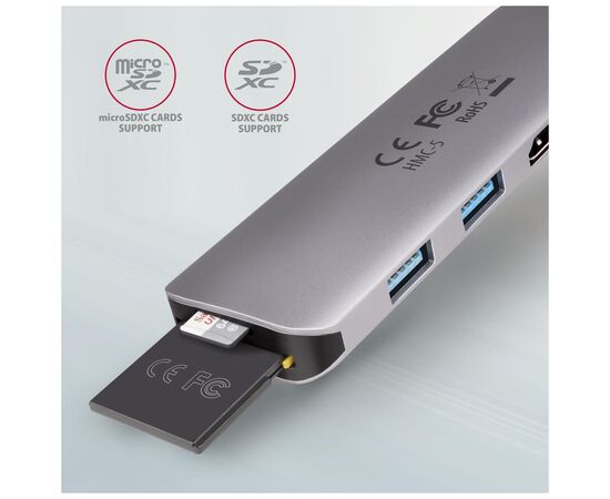 Концентратор AXAGON USB-C to 2xUSBA + HDMI + SD/microSD + USB-C PD 100W 0.2m grey (HMC-5), изображение 3