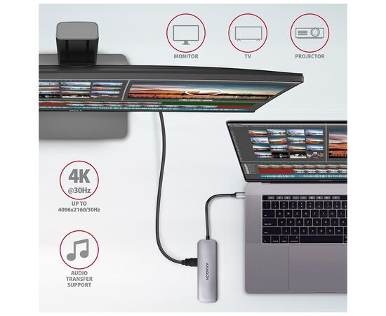 Концентратор AXAGON USB-C to 2xUSBA + HDMI + SD/microSD + USB-C PD 100W 0.2m grey (HMC-5), изображение 4