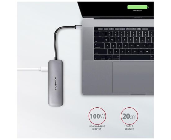 Концентратор AXAGON USB-C to 2xUSBA + HDMI + SD/microSD + USB-C PD 100W 0.2m grey (HMC-5), изображение 5