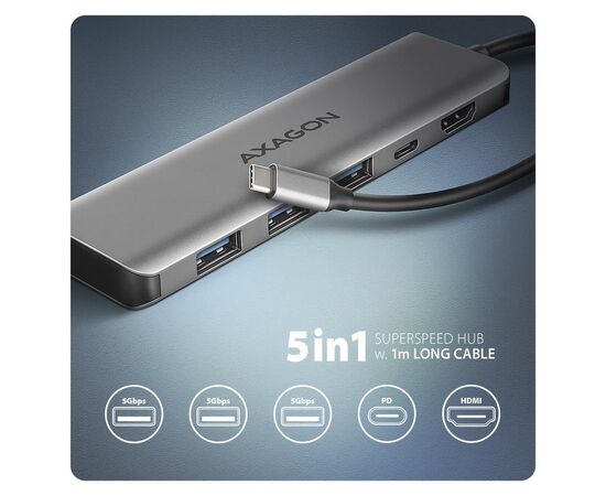 Концентратор AXAGON USB-C to 3xUSB-A + HDMI 5Gbps + PD 100W 1.0m grey (HMC-5H), изображение 2