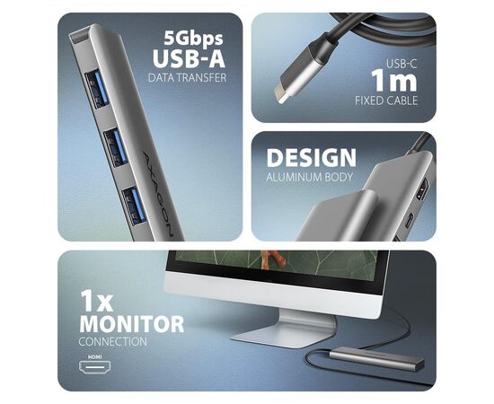 Концентратор AXAGON USB-C to 3xUSB-A + HDMI 5Gbps + PD 100W 1.0m grey (HMC-5H), изображение 3