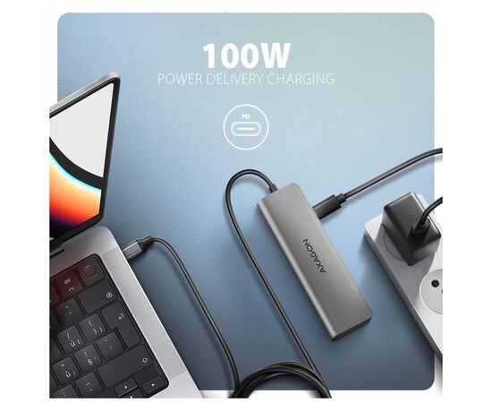 Концентратор AXAGON USB-C to 3xUSB-A + HDMI 5Gbps + PD 100W 1.0m grey (HMC-5H), изображение 4