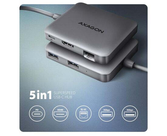 Концентратор AXAGON USB-C to 2xUSB-A + HDMI + RJ45 + PD 100W 0.2m grey (HMC-5HL), изображение 2