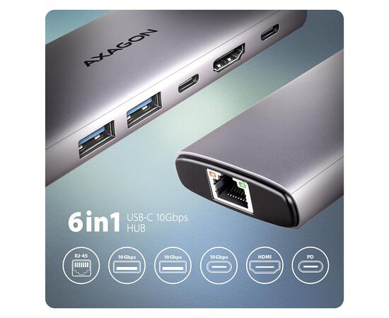 Концентратор AXAGON USB-C to 2xUSB-A + 1xUSB-C + HDMI + RJ45 + PD100W 0.15m gray (HMC-6G2L), изображение 2