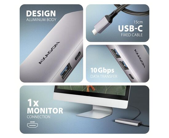 Концентратор AXAGON USB-C to 2xUSB-A + 1xUSB-C + HDMI + RJ45 + PD100W 0.15m gray (HMC-6G2L), изображение 3