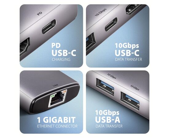 Концентратор AXAGON USB-C to 2xUSB-A + 1xUSB-C + HDMI + RJ45 + PD100W 0.15m gray (HMC-6G2L), изображение 4