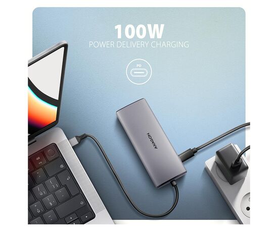 Концентратор AXAGON USB-C to 2xUSB-A + 1xUSB-C + HDMI + RJ45 + PD100W 0.15m gray (HMC-6G2L), изображение 5
