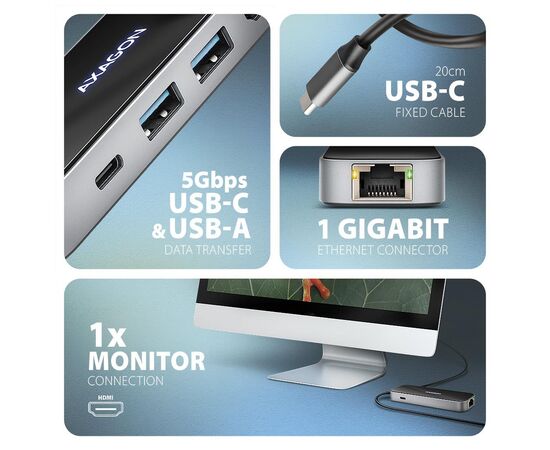 Концентратор AXAGON USB-C to 2xUSB-A + 1xUSB-C + HDMI + RJ45 + PD100W 0.2m grey (HMC-6GLN), изображение 2