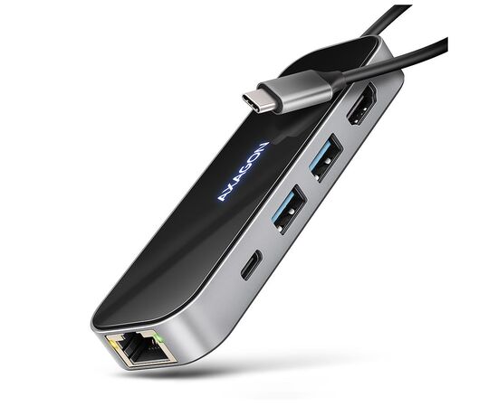 Концентратор AXAGON USB-C to 2xUSB-A + 1xUSB-C + HDMI + RJ45 + PD100W 0.2m grey (HMC-6GLN)