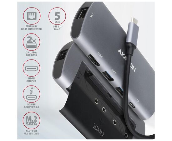 Концентратор AXAGON USB-C to 2xUSB-A + HDMI + RJ45 + SATA M.2 + PD 100W 0.18m grey (HMC-6M2), изображение 2