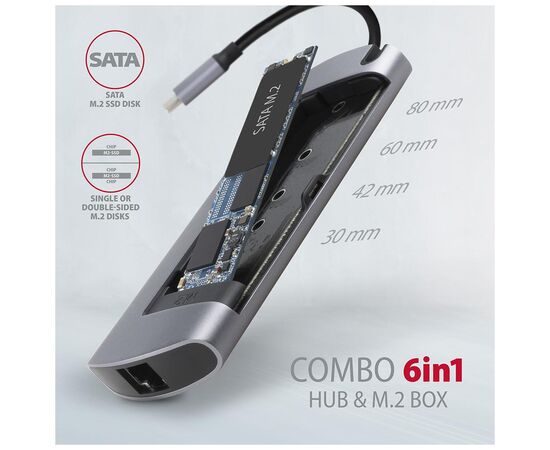 Концентратор AXAGON USB-C to 2xUSB-A + HDMI + RJ45 + SATA M.2 + PD 100W 0.18m grey (HMC-6M2), изображение 3