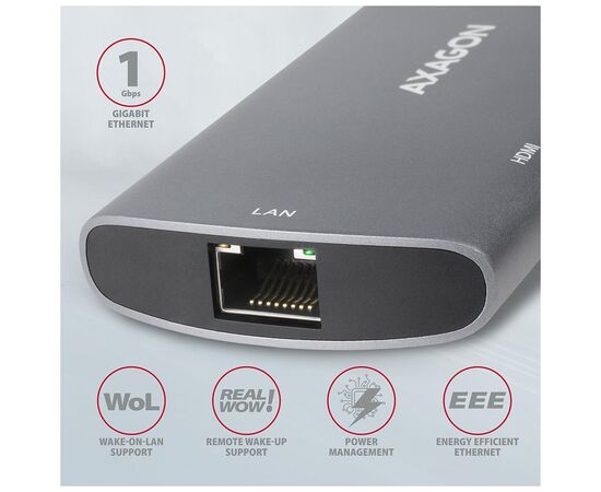 Концентратор AXAGON USB-C to 2xUSB-A + HDMI + RJ45 + SATA M.2 + PD 100W 0.18m grey (HMC-6M2), изображение 4