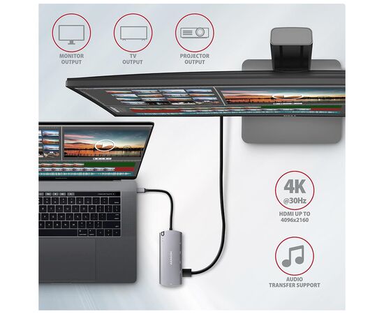 Концентратор AXAGON USB-C to 2xUSB-A + HDMI + RJ45 + SATA M.2 + PD 100W 0.18m grey (HMC-6M2), изображение 5