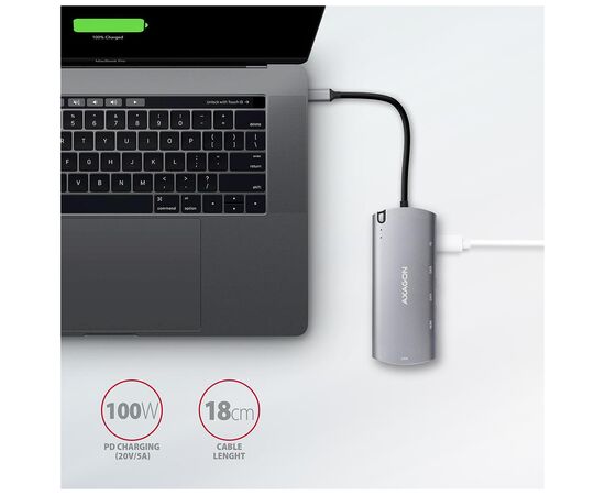 Концентратор AXAGON USB-C to 2xUSB-A + HDMI + RJ45 + SATA M.2 + PD 100W 0.18m grey (HMC-6M2), изображение 6