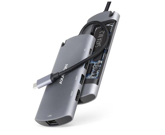 Концентратор AXAGON USB-C to 2xUSB-A + HDMI + RJ45 + SATA M.2 + PD 100W 0.18m grey (HMC-6M2)