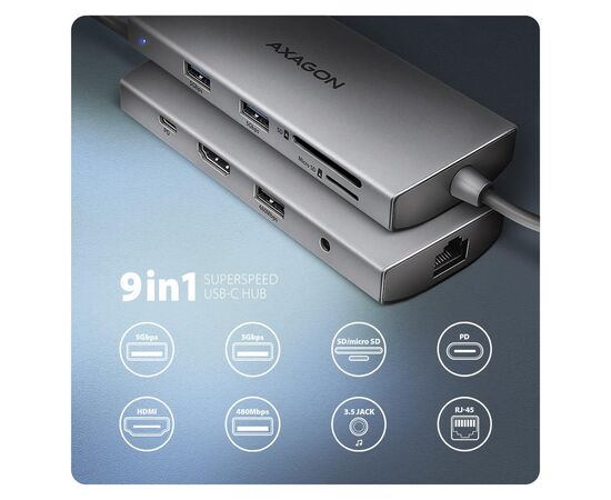 Концентратор AXAGON USBC to 3xUSB-A + HDMI + RJ45 + SD/microSD + audio + PD 100W 0.2m grey (HMC-8HLSA), изображение 2
