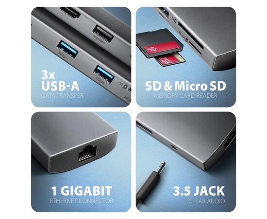 Концентратор AXAGON USBC to 3xUSB-A + HDMI + RJ45 + SD/microSD + audio + PD 100W 0.2m grey (HMC-8HLSA), изображение 3