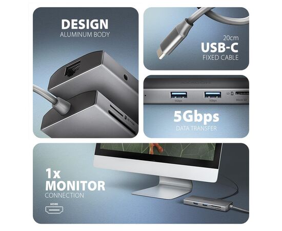 Концентратор AXAGON USBC to 3xUSB-A + HDMI + RJ45 + SD/microSD + audio + PD 100W 0.2m grey (HMC-8HLSA), изображение 4