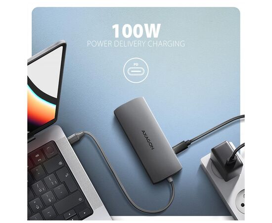 Концентратор AXAGON USBC to 3xUSB-A + HDMI + RJ45 + SD/microSD + audio + PD 100W 0.2m grey (HMC-8HLSA), изображение 5