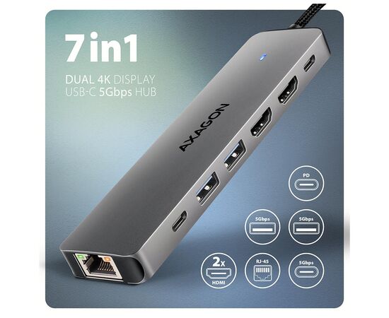 Концентратор AXAGON USBC to 2xUSBA + 1xUSBC + 2xHDMI + RJ45 + PD100W 0.15m gray (HMC-7HX2), изображение 2