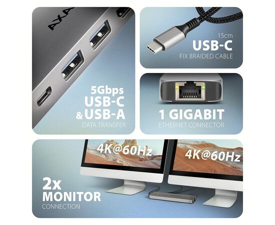 Концентратор AXAGON USBC to 2xUSBA + 1xUSBC + 2xHDMI + RJ45 + PD100W 0.15m gray (HMC-7HX2), изображение 3