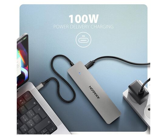 Концентратор AXAGON USBC to 2xUSBA + 1xUSBC + 2xHDMI + RJ45 + PD100W 0.15m gray (HMC-7HX2), изображение 4