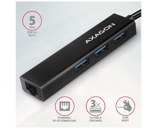 Концентратор AXAGON USB-C to 3xUSB-A + RJ45 0.2m metal black (HMC-GL3A), изображение 2
