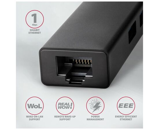 Концентратор AXAGON USB-C to 3xUSB-A + RJ45 0.2m metal black (HMC-GL3A), изображение 3