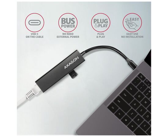 Концентратор AXAGON USB-C to 3xUSB-A + RJ45 0.2m metal black (HMC-GL3A), изображение 4