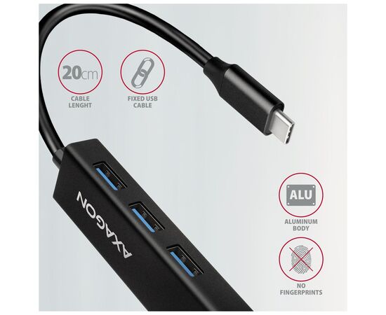 Концентратор AXAGON USB-C to 3xUSB-A + RJ45 0.2m metal black (HMC-GL3A), изображение 5