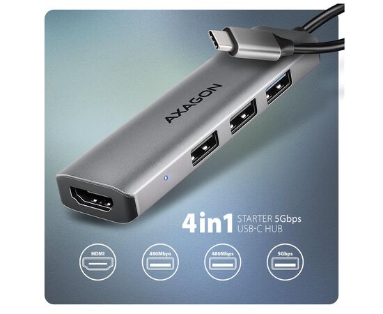 Концентратор AXAGON USB-C to 3xUSB-A + HDMI 0.15m gray (HMC-H3A), изображение 2