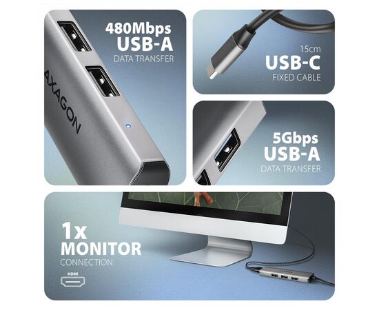 Концентратор AXAGON USB-C to 3xUSB-A + HDMI 0.15m gray (HMC-H3A), изображение 3