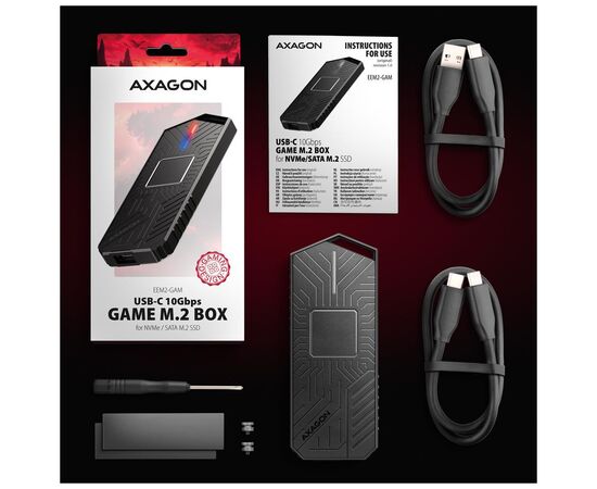 Кишеня зовнішня AXAGON USB-C 10Gbps metal box for M.2 NVMe & SATA SSD GAME (EEM2-GAM), зображення 4