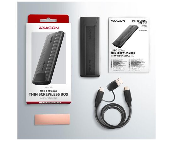 Кишеня зовнішня AXAGON USB-C 10Gbps metal box for M.2 NVMe & SATA SSD THIN SCREWLESS (EEM2-GTS2), зображення 4