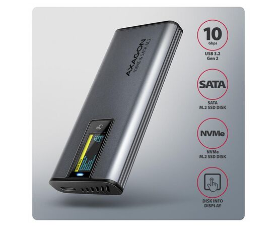 Кишеня зовнішня AXAGON USB-C 10Gbps metal box with info display for M.2 NVMe & SATA SSD (EEM2-SD2), зображення 2