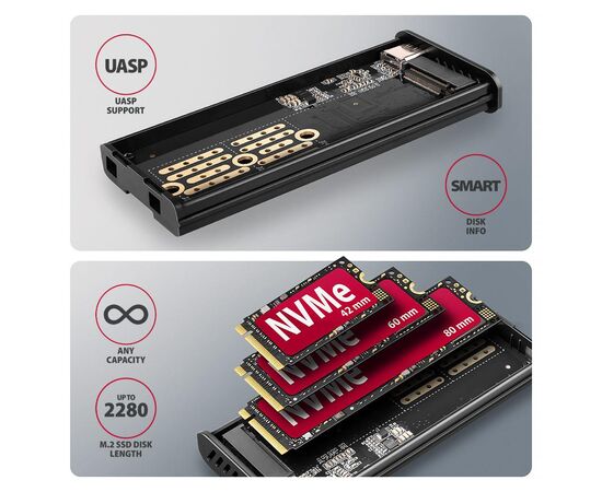 Кишеня зовнішня AXAGON USB-C 10Gbps metal box with info display for M.2 NVMe & SATA SSD (EEM2-SD2), зображення 6